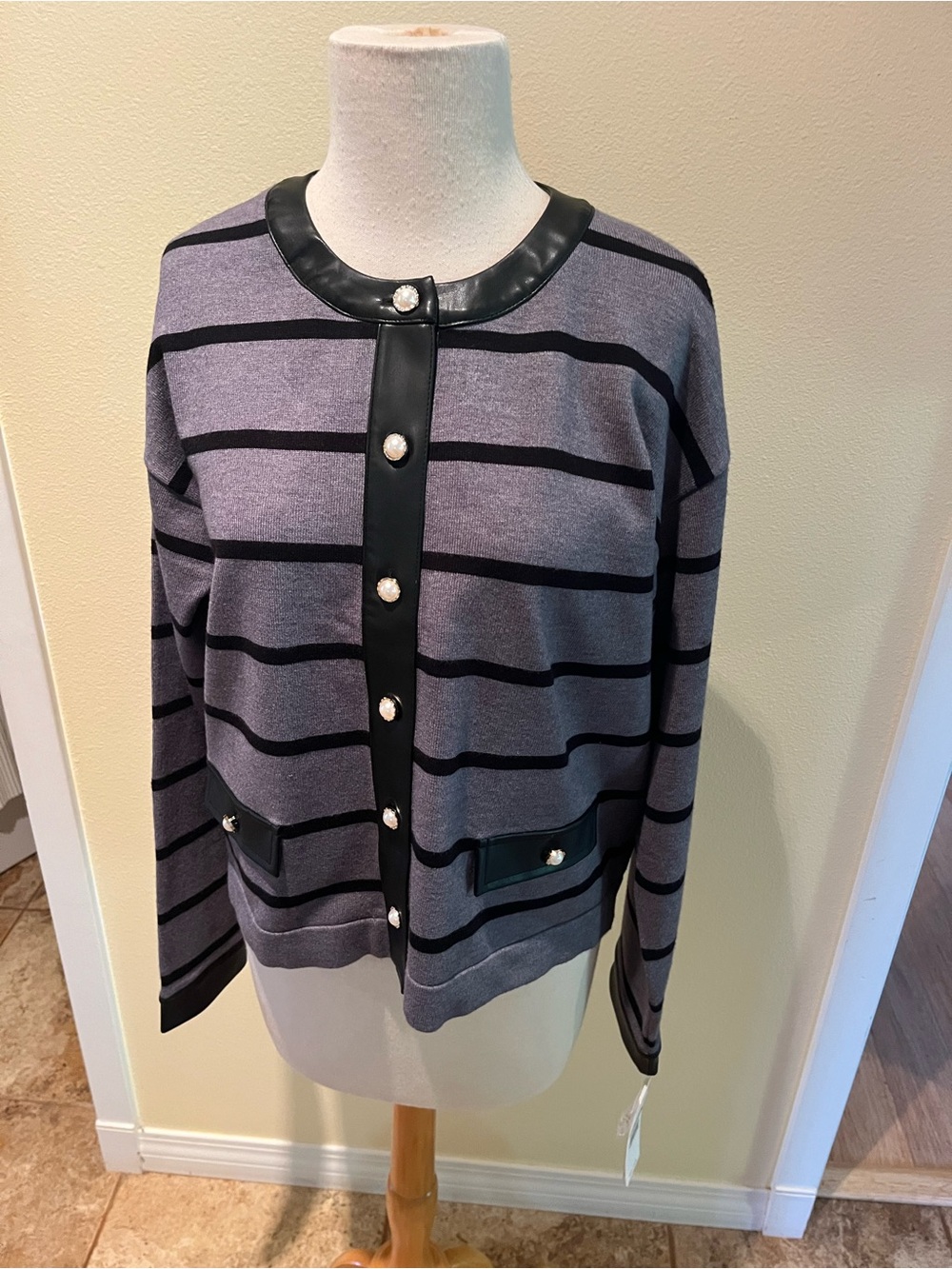 NANETTE LEPORE Sweater Jacket W/ Faux Leather, Trim, Pearl Buttons Classic NWT L